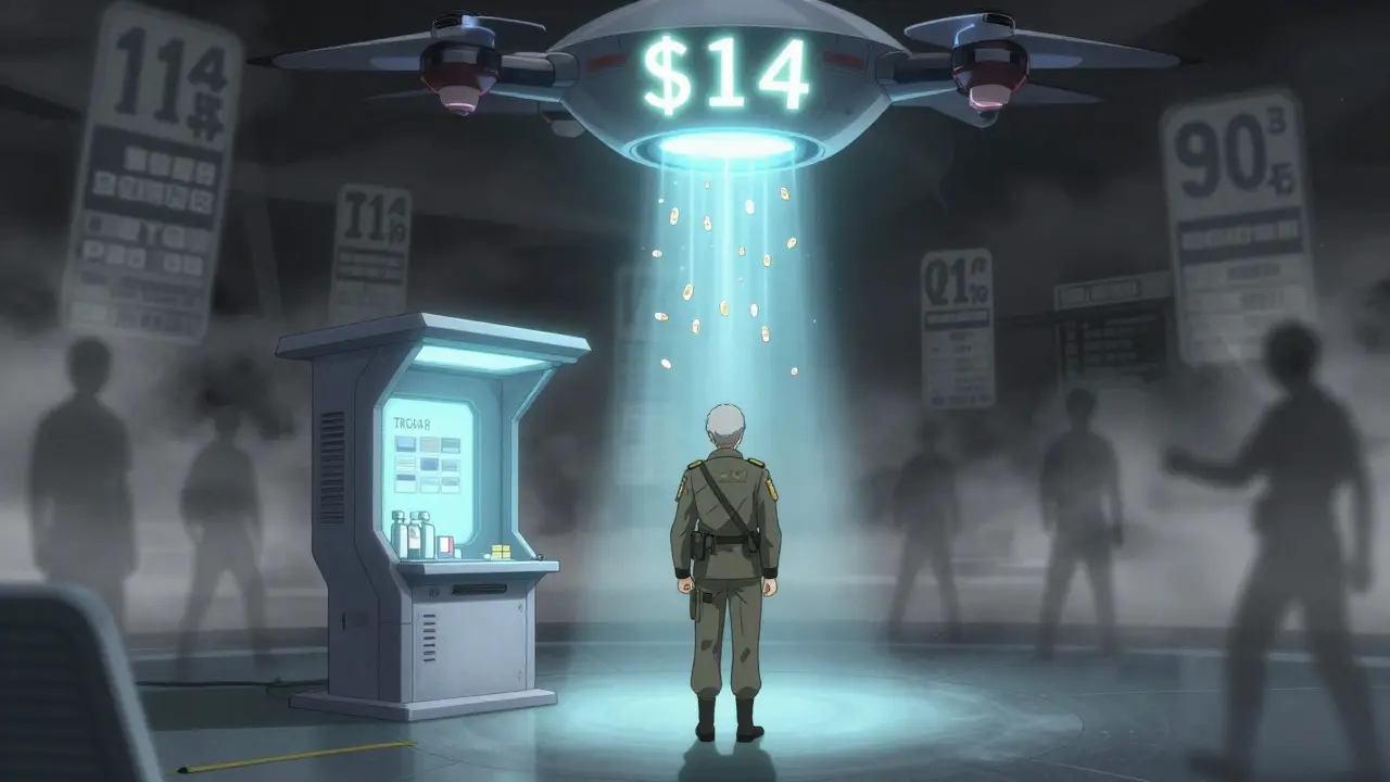 A retiree receiving a 90-day supply of generic pills from a TRICARE Home Delivery drone in a futuristic scene.