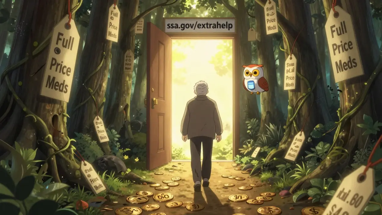 A senior walks from a dark forest of high drug prices into a sunlit path of affordable copays guided by a helpful owl spirit.