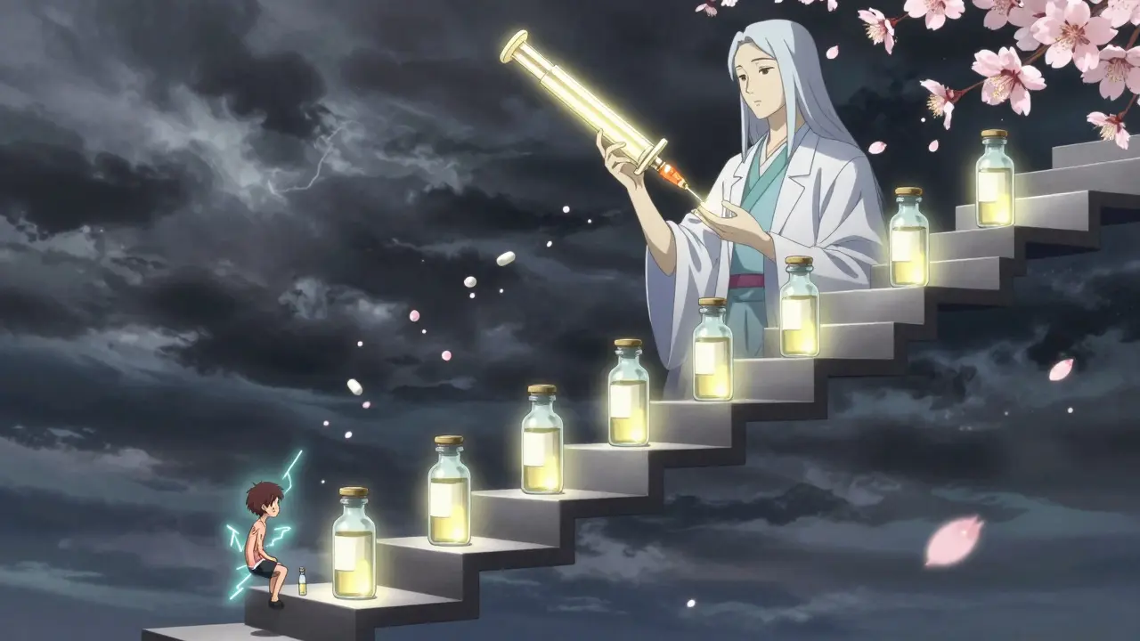 A staircase of glowing vials ascending into a stormy sky, with a divine figure calming an allergic reaction below.