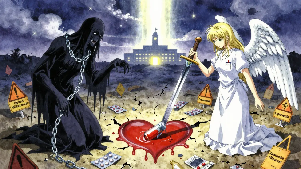A symbolic battle between opioid withdrawal and loperamide, with a pill-shaped sword dripping blood into a heart.