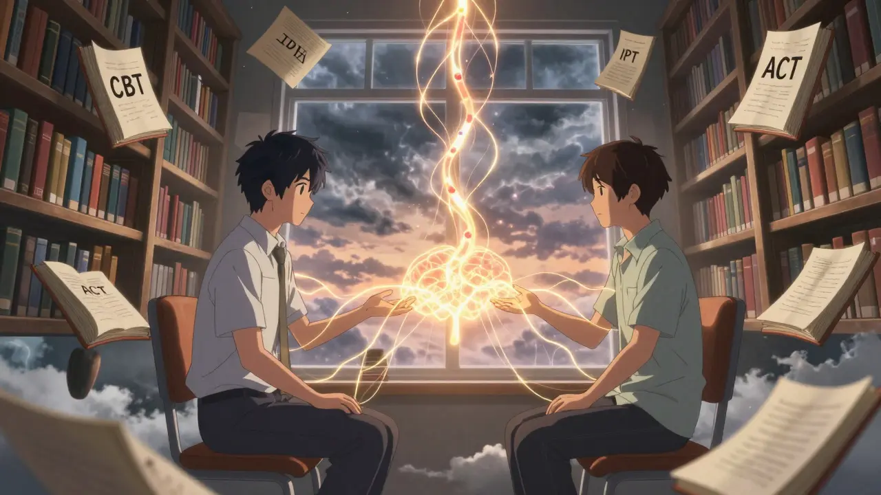 A therapist and patient sit in a floating library, connected by glowing neural pathways and floating therapy books.