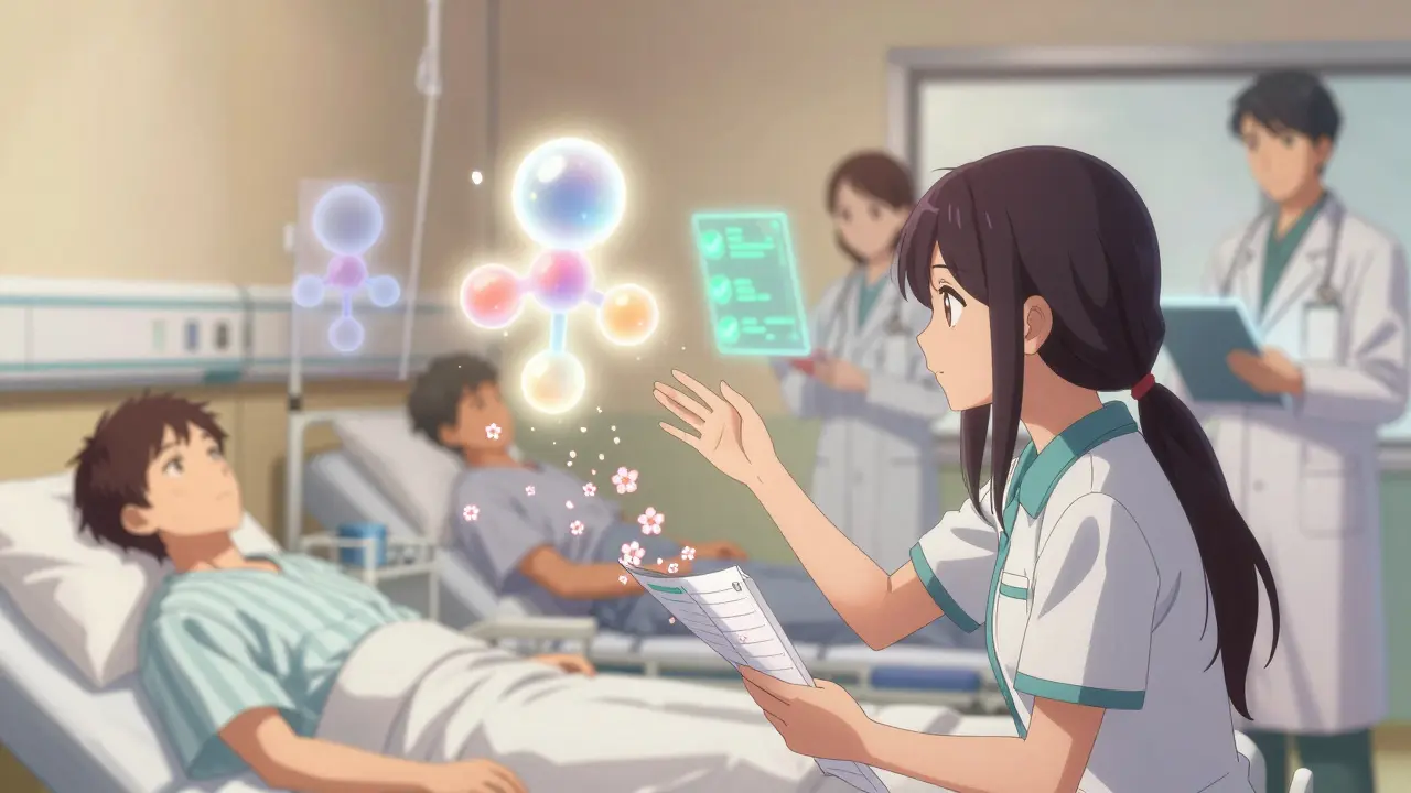 A woman in a hospital ward touching a penicillin spirit as her allergy chart turns to cherry blossoms, representing liberation from mislabeling.