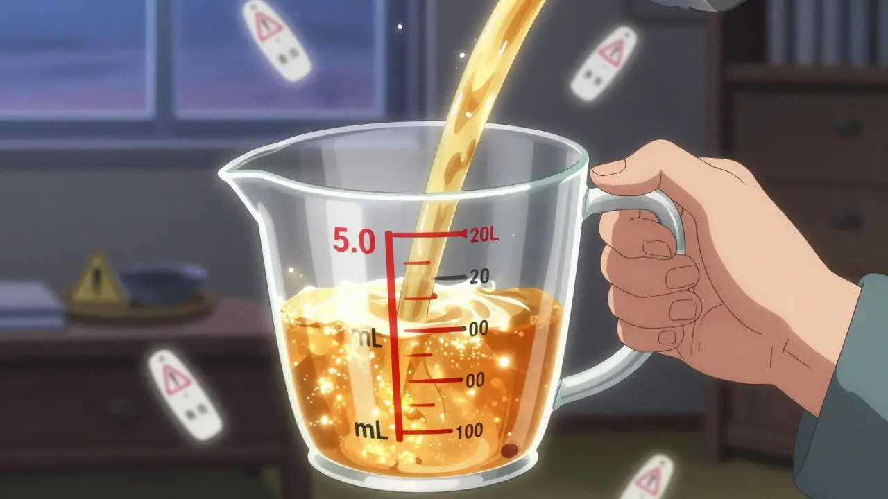 An elderly person holds a clearly marked measuring cup, with golden liquid aligning perfectly at the 5.0 mL line.