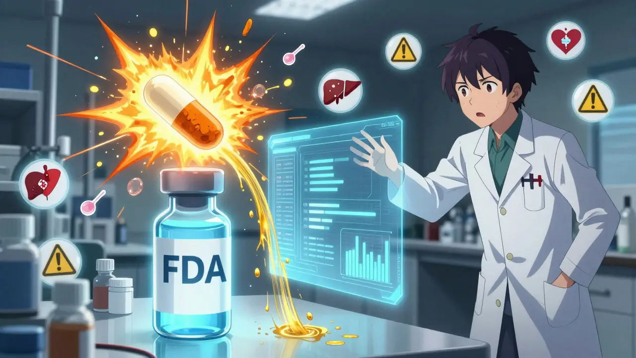 An exploding herbal capsule beside a calm pharmaceutical vial, with medical data streams and warning symbols floating around.