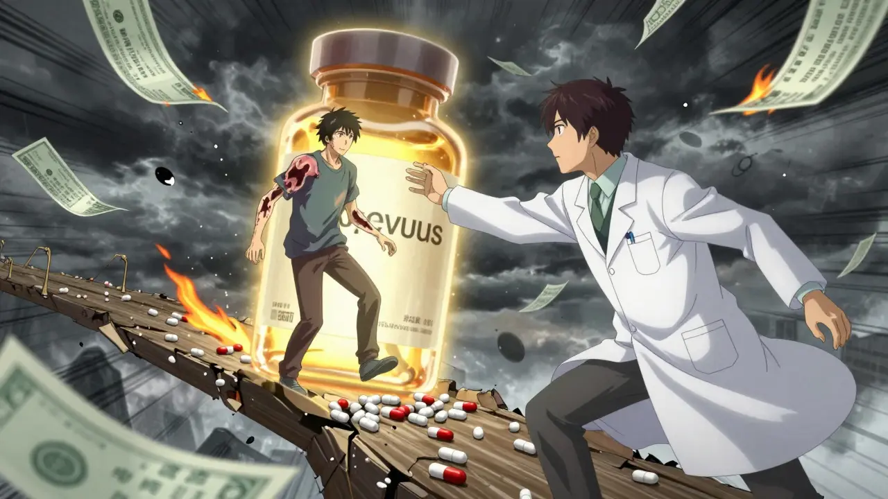 An oncologist stops a patient from stepping on crumbling biosimilar pills, while Ocrevus glows protectively behind them.