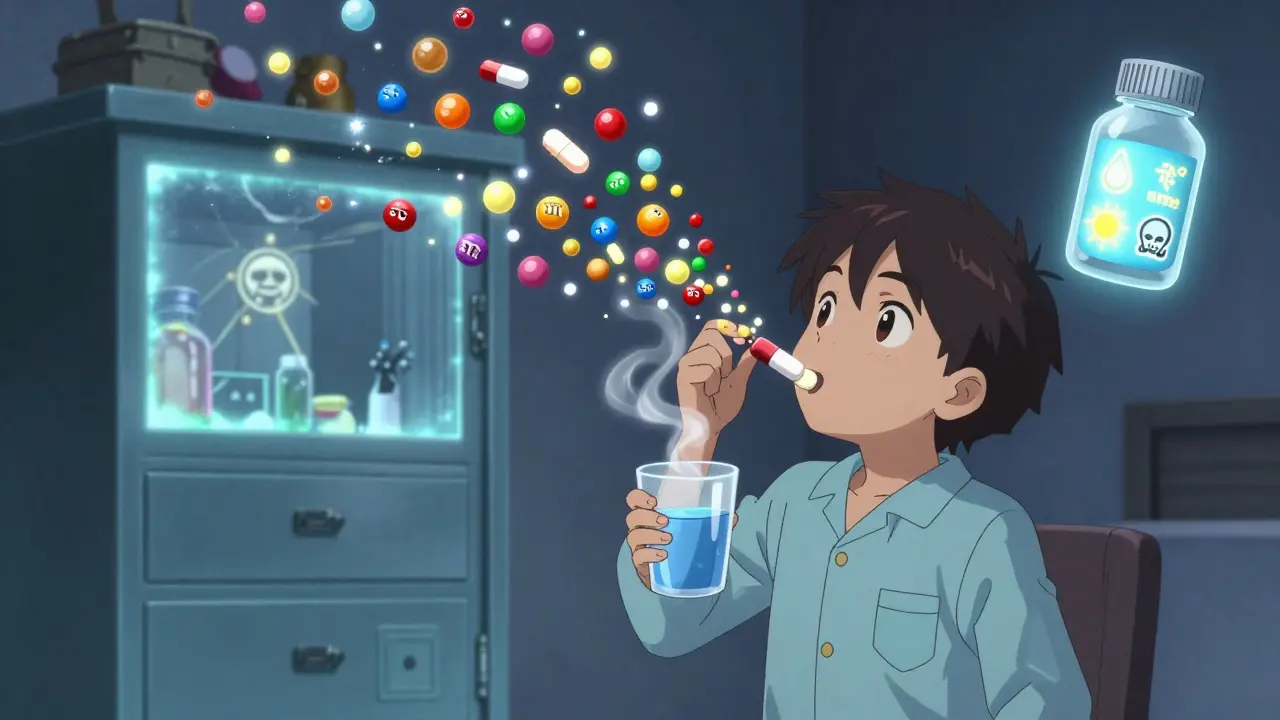Child swallowing a pill as floating candies transform into light, with a locked medicine cabinet glowing safely in the background.