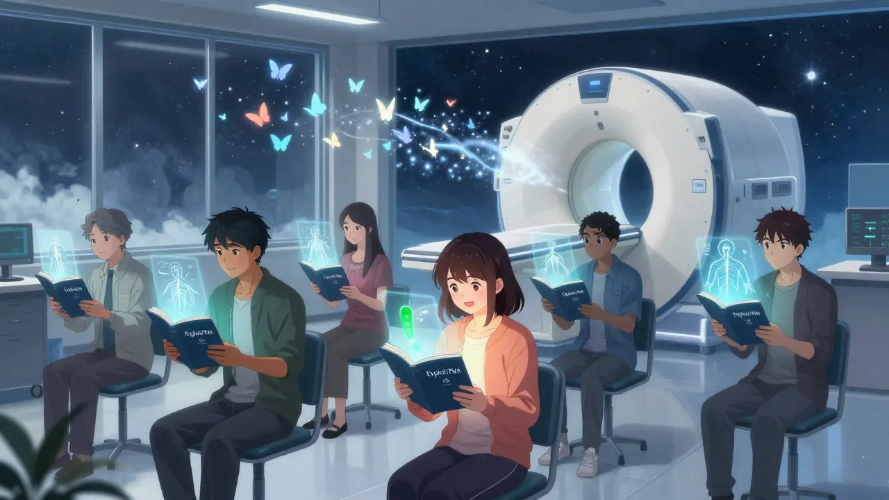 Diverse patients in a sky classroom hold glowing books that project calming nervous system animations, as an MRI machine turns into butterflies.