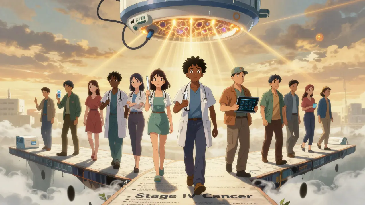 Diverse patients walking on a bridge of medical guidelines above a chasm of cancer, guided by an AI colonoscope.