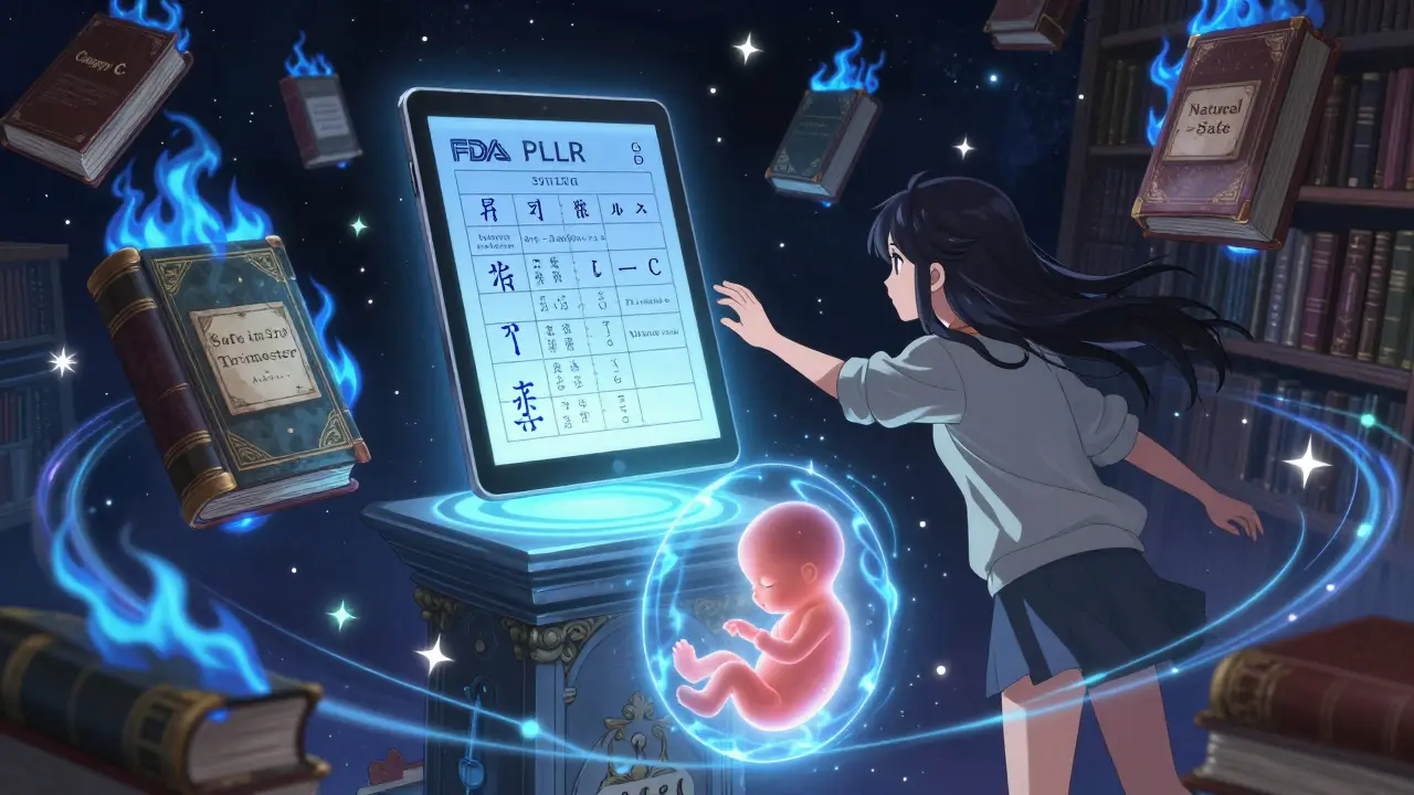 Floating library with outdated pregnancy labels burning, while a modern tablet displays accurate teratology categories.