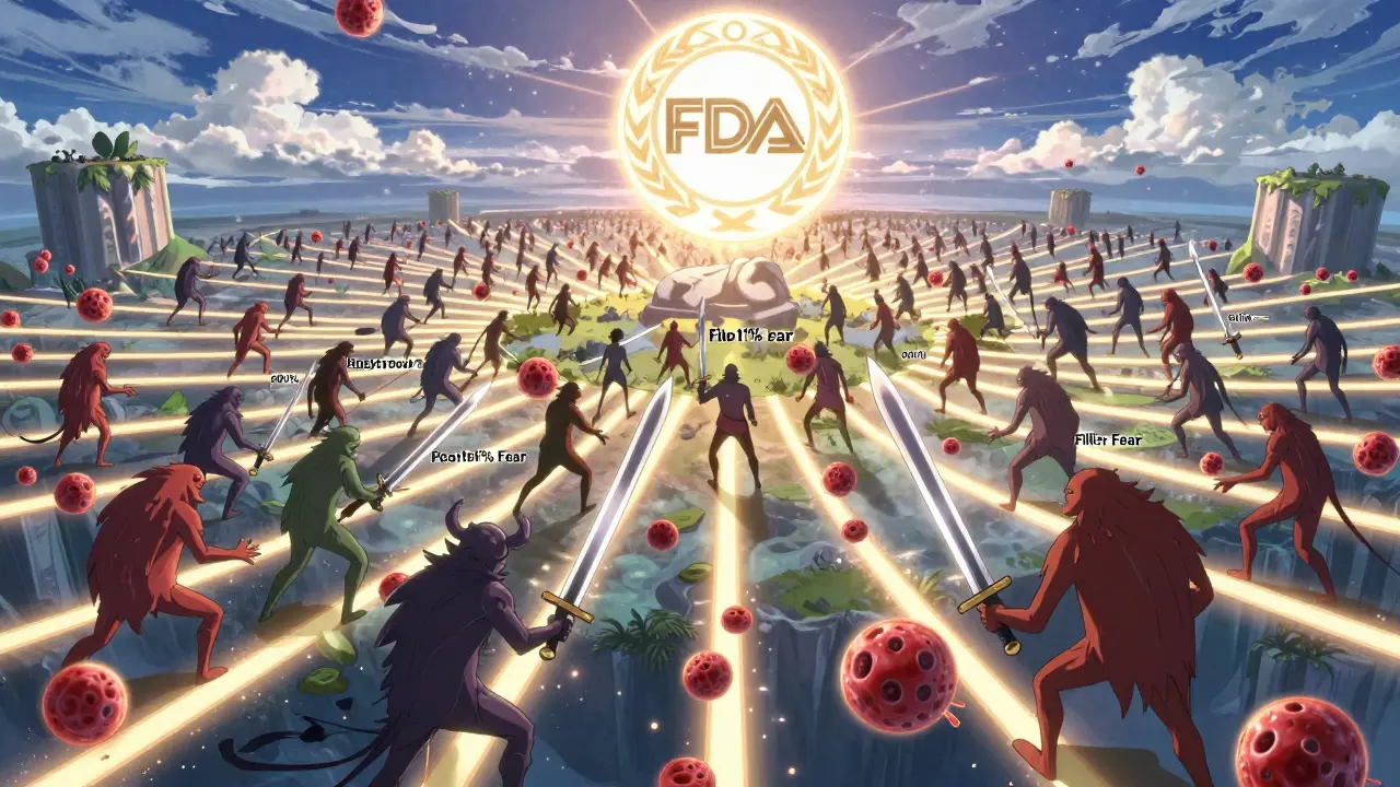 Heroic blood cells defeat fears of generic drugs using confidence interval swords under an FDA seal.
