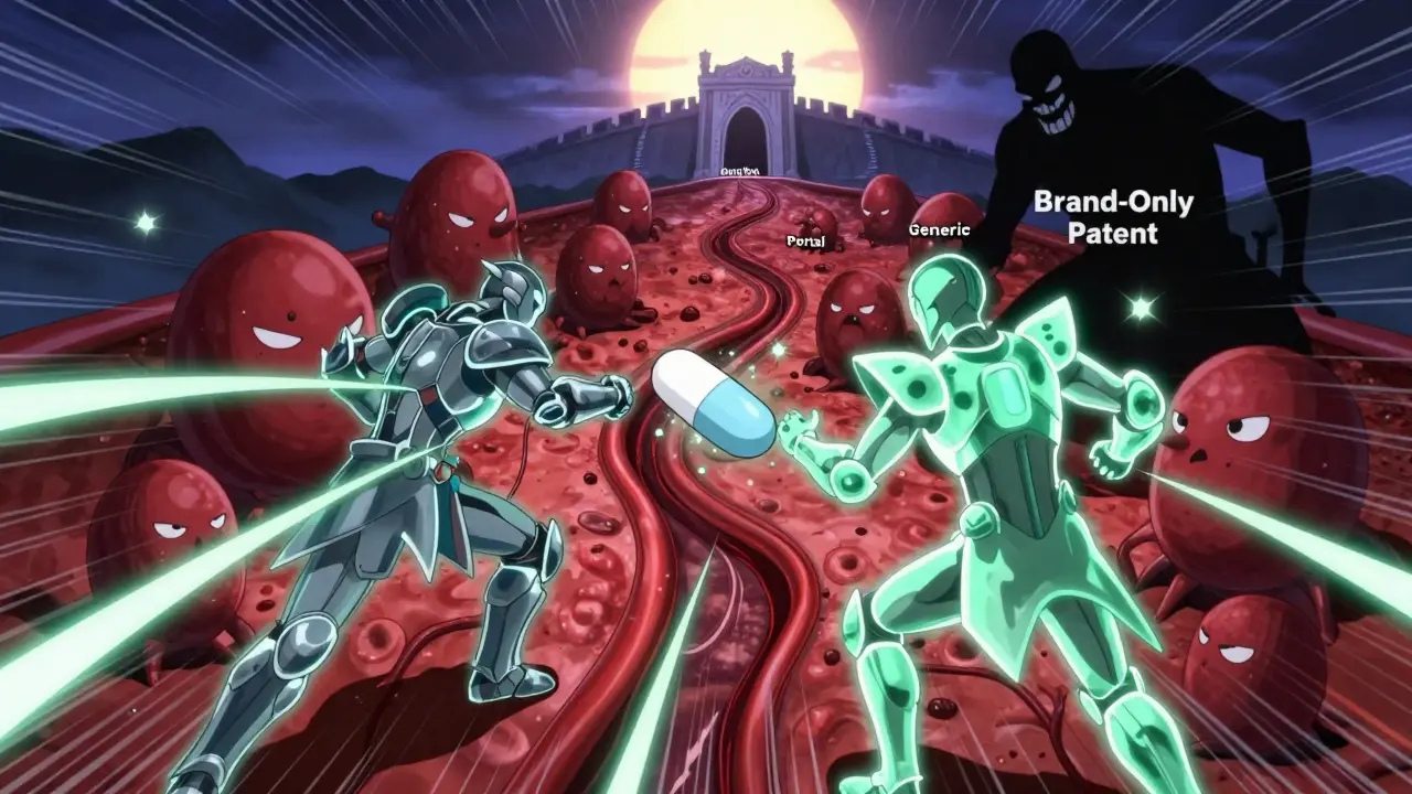 Heroic diabetes pills battle glucose monsters in a glowing bloodstream, with a patent villain blocking the path.