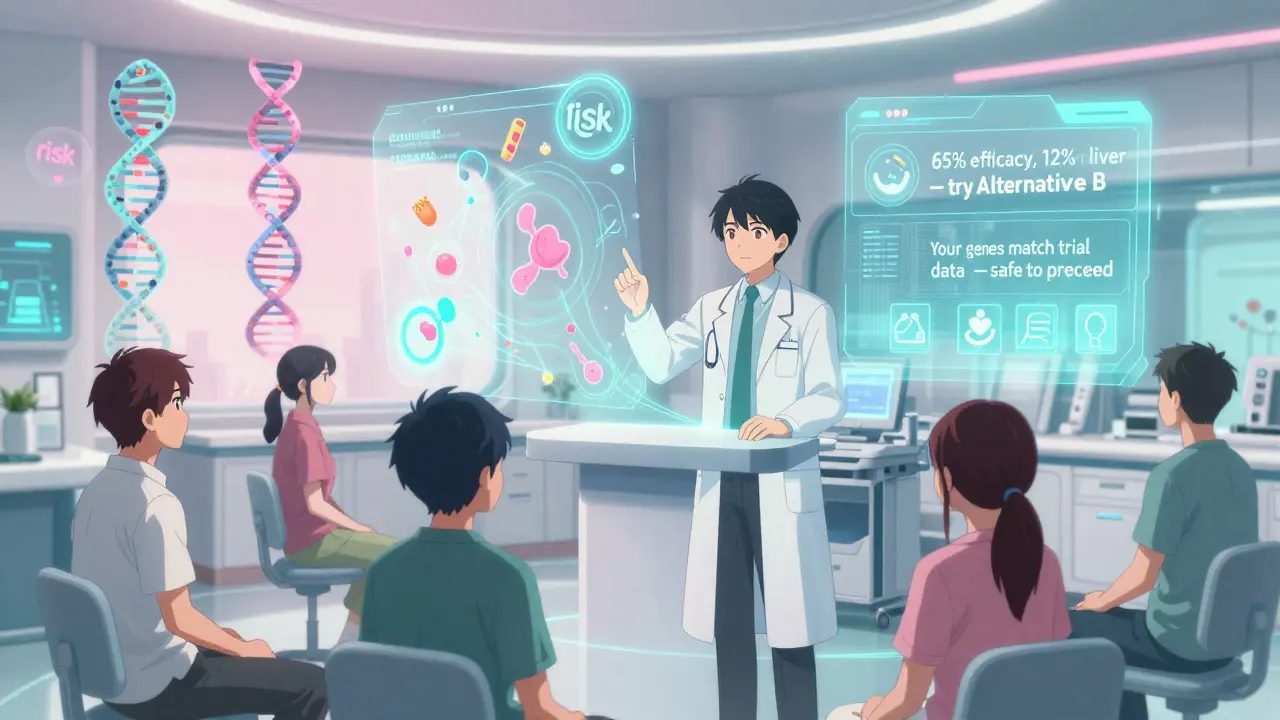 Holographic AI displays personalized drug risks and benefits for diverse patients in futuristic clinic.