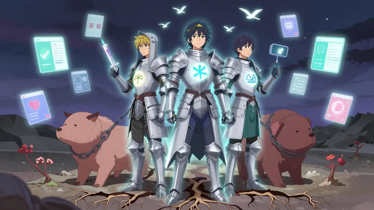 Medical knights in symbolic armor bind three chained beasts representing diabetes, heart disease, and sleep apnea with glowing light.