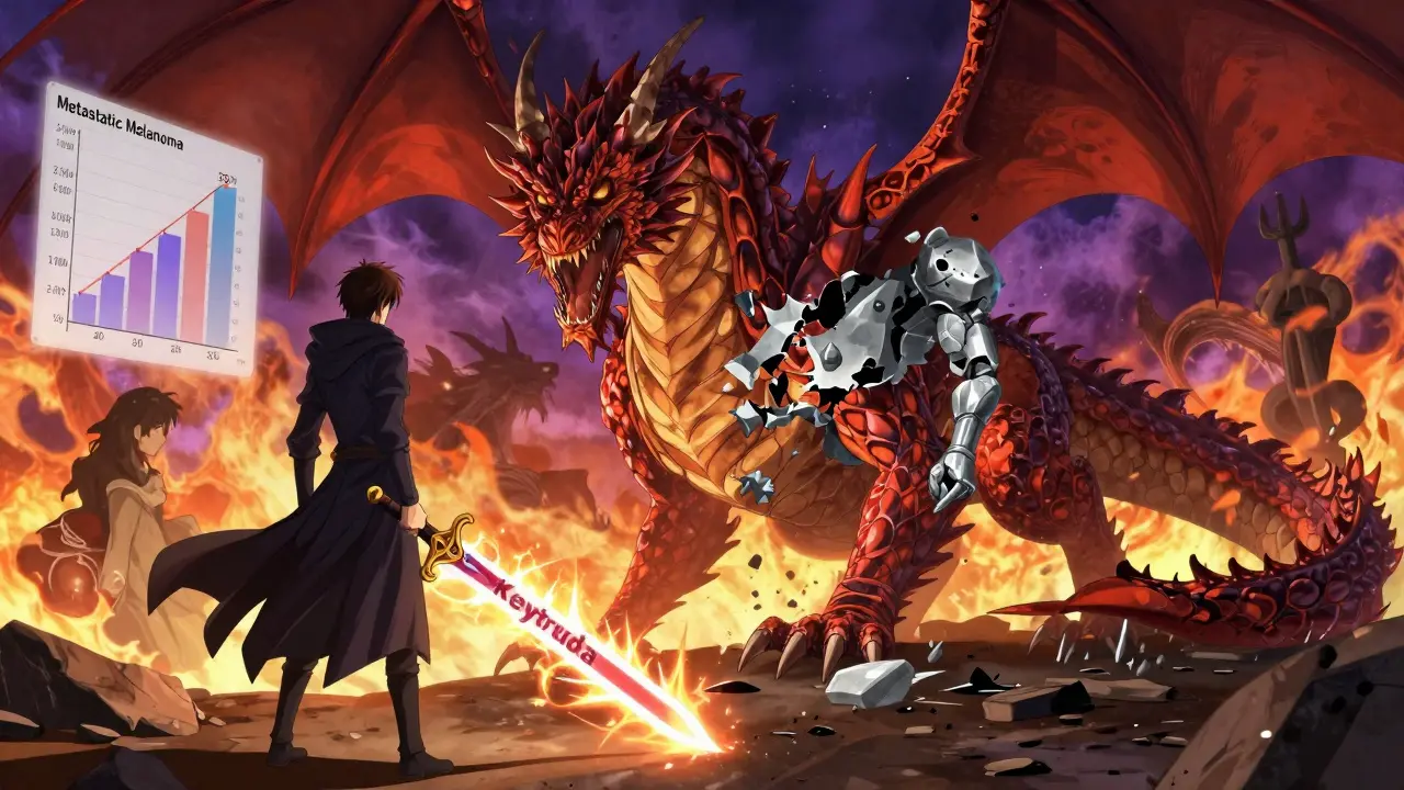 Patient battles cancer dragon with immunotherapy sword as side effects turn their arm to stone.