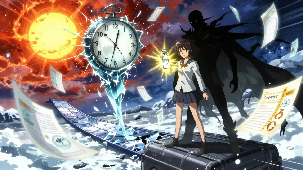 Patient battling spectral temperature monster, glowing insulin vial in hand, shattered car and frozen luggage in background.