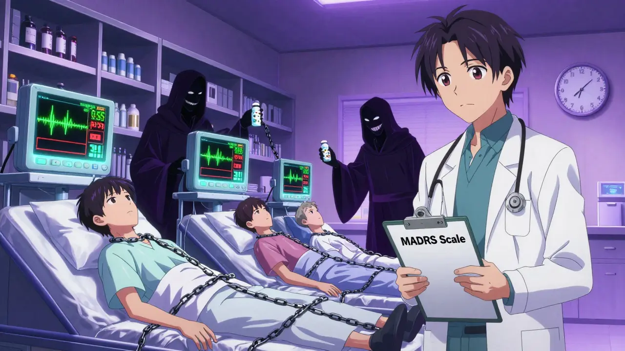 Patients in a hospital connected to crashing vital signs, shadowy pharmacists swapping pills, and a doctor holding a mood scale under eerie neon lighting.