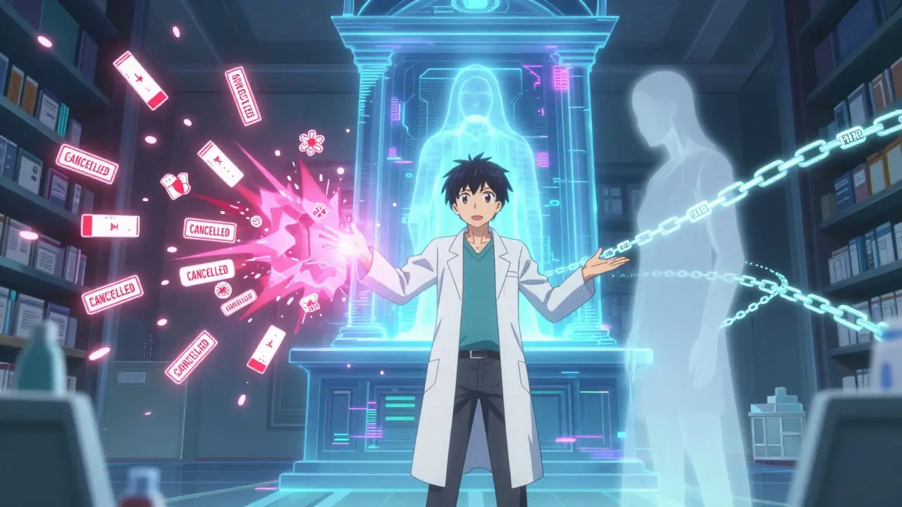 Pharmacist facing exploding prescription fragments and a fading patient in a glitching digital shrine.