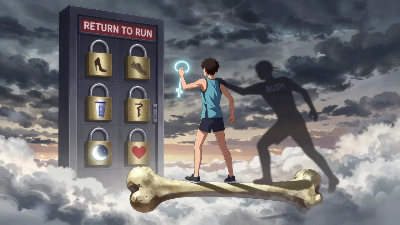 Runner facing a six-locked door to return to running, holding a patience key.