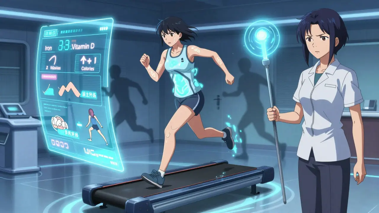 Runner on anti-gravity treadmill with nutritional holograms and healing physiotherapist.