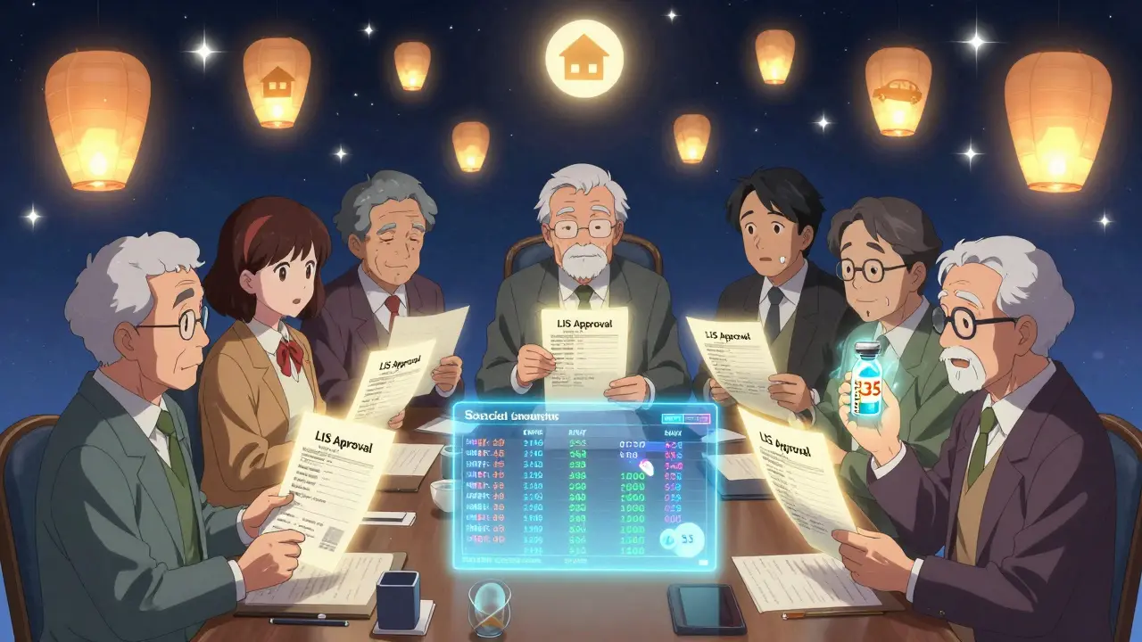 Seniors at a mystical table receive approval documents, with drug prices collapsing to zero under celestial light.