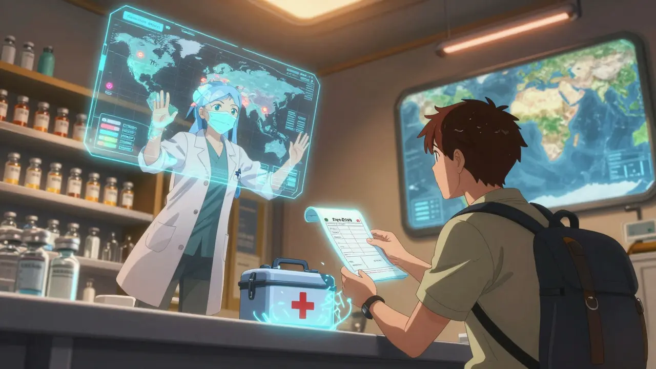Specialist in a high-tech clinic using holograms to guide a traveler through health preparations.