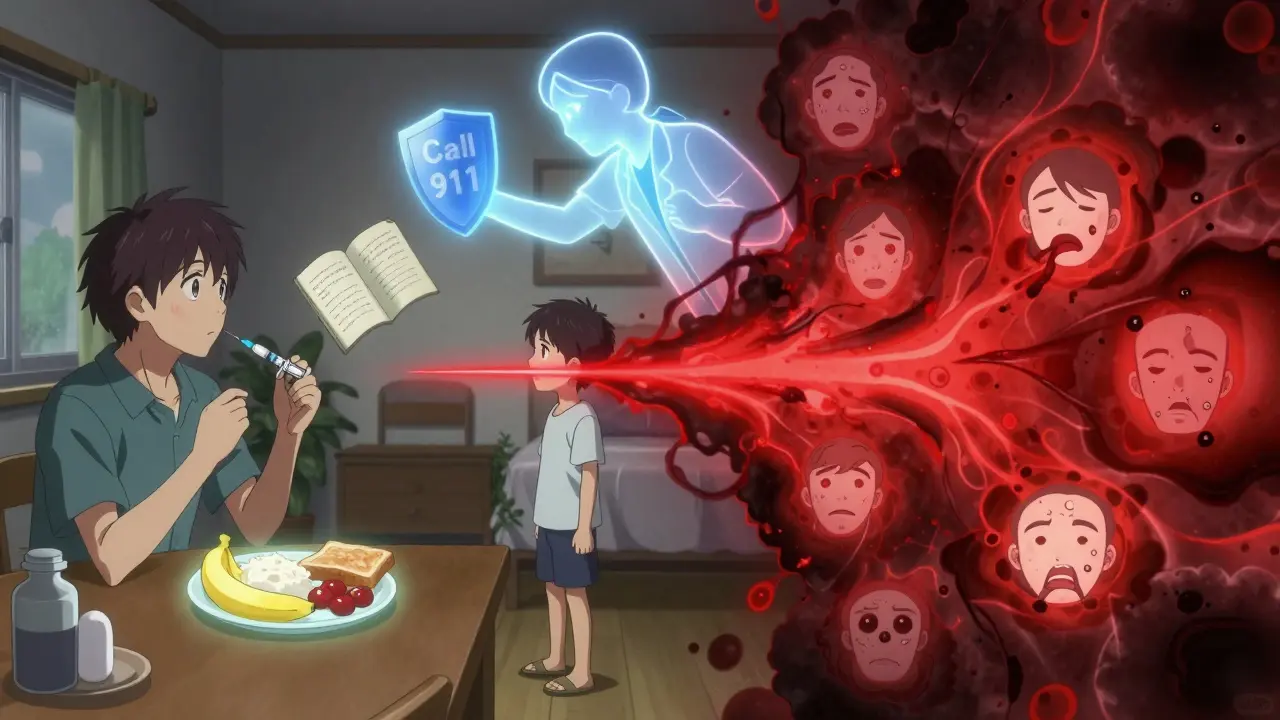 Split scene: calm home medicine routine vs. chaotic emergency symptoms, separated by a glowing red line with a pediatrician’s protective figure.