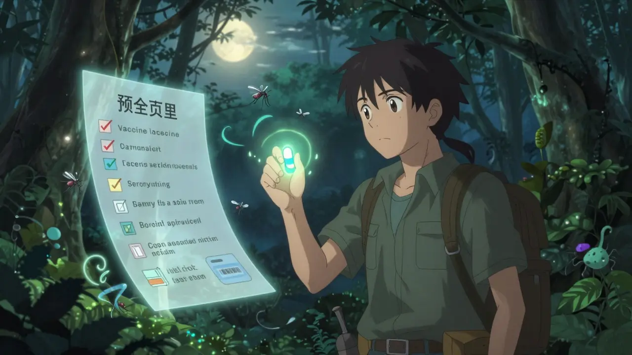 Traveler protected by a glowing pill in a jungle, surrounded by floating pre-trip safety reminders.