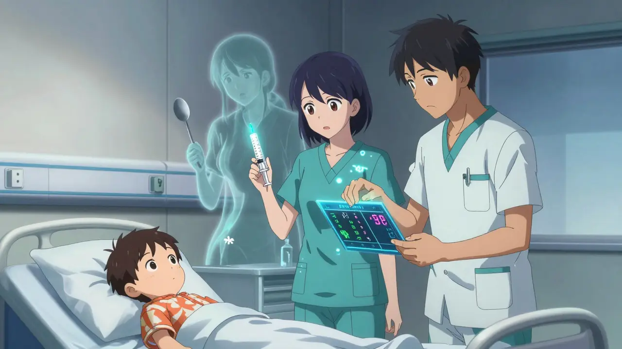 Two medical staff check a child’s dosage using a syringe and digital chart in a glowing hospital ward.