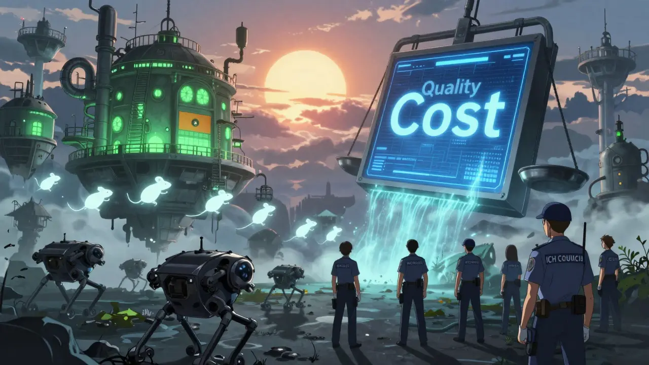 A battle between factory drones and quality inspectors in a surreal landscape of floating drug factories.