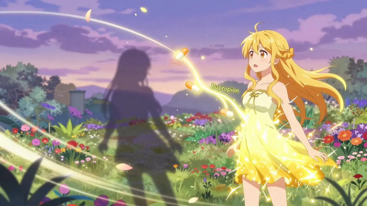 A couple in a glowing garden, with neural pathways connecting SSRI and bupropion pills, representing restored sexual function.