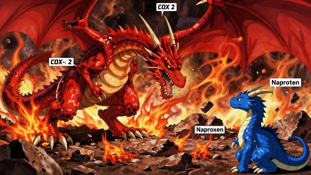 A dragon representing NSAIDs battling inflammation, with naproxen watching calmly.