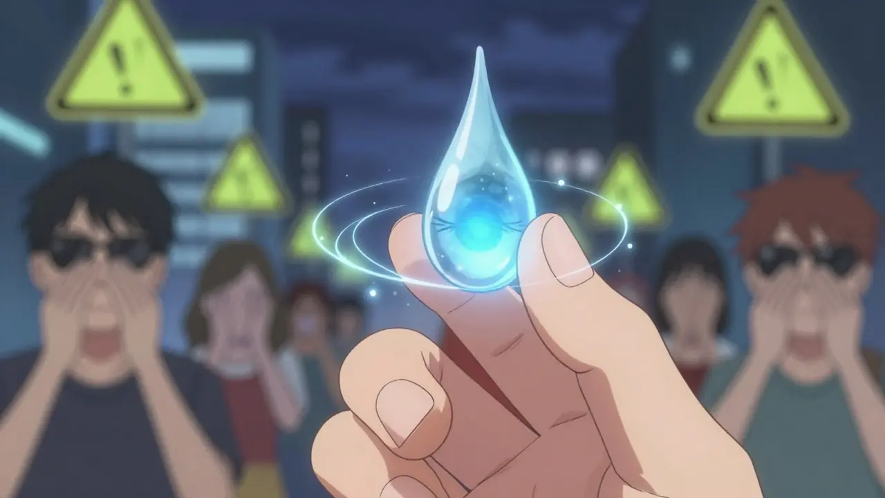 A hand forming a pocket in the lower eyelid as a glowing eye drop hovers above, surrounded by magical runes and a cityscape under pollen warnings.