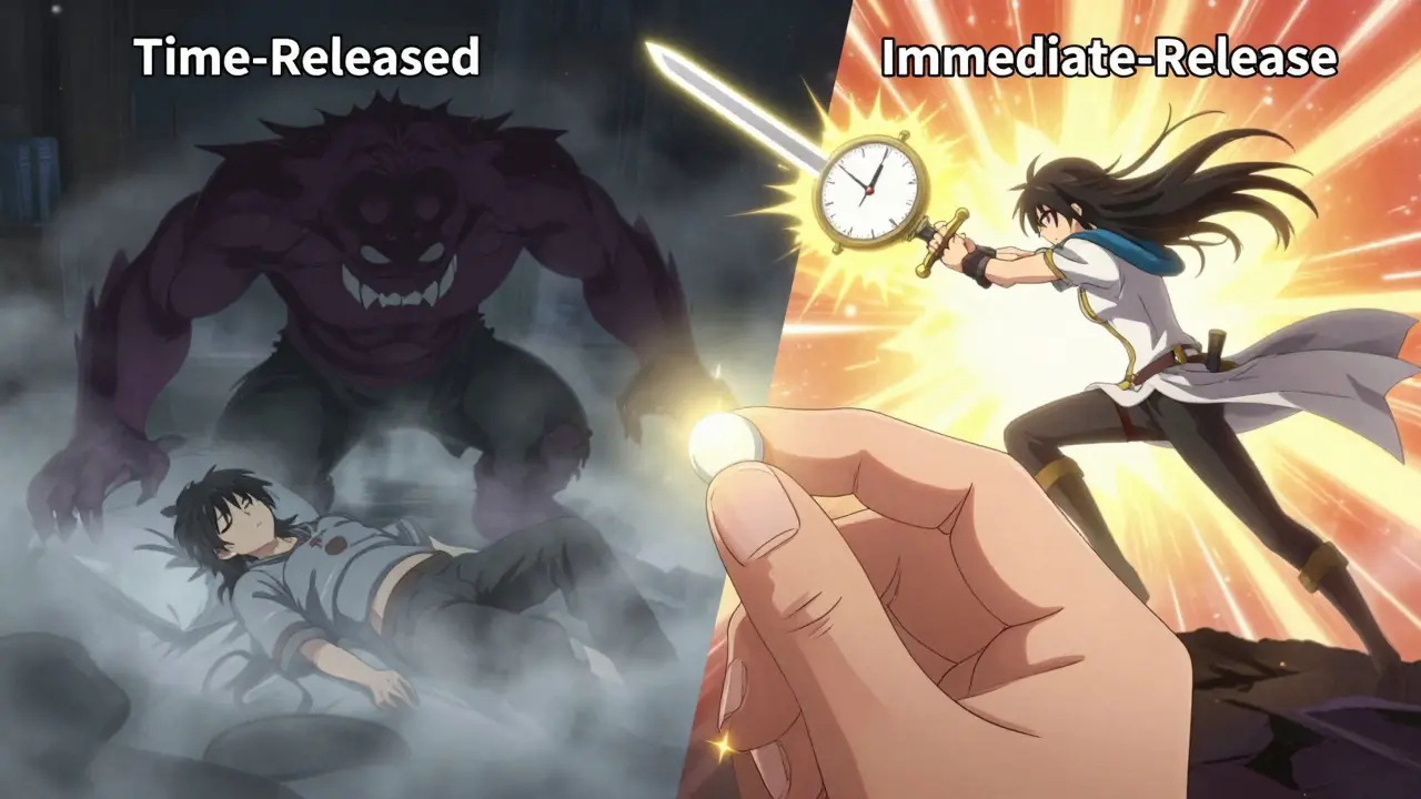 A hand holding a glowing immediate-release melatonin pill as it defeats a dark monster representing time-released melatonin.