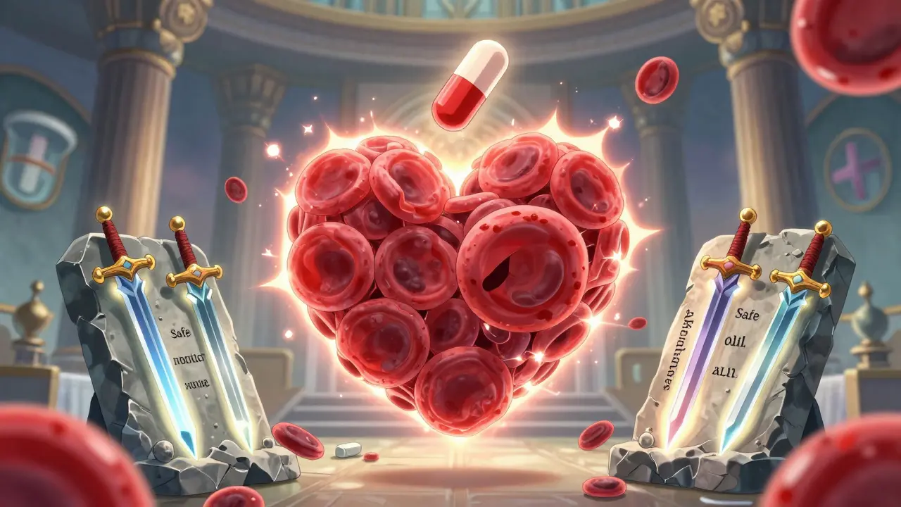 A heart made of red blood cells, one bursting as a pill falls, with three glowing antibiotic swords embedded in a stone tablet.