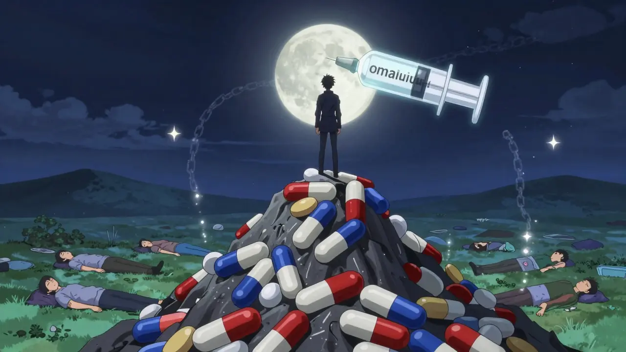A hero standing on discarded steroids, looking toward a moon-shaped syringe as others sleep peacefully.