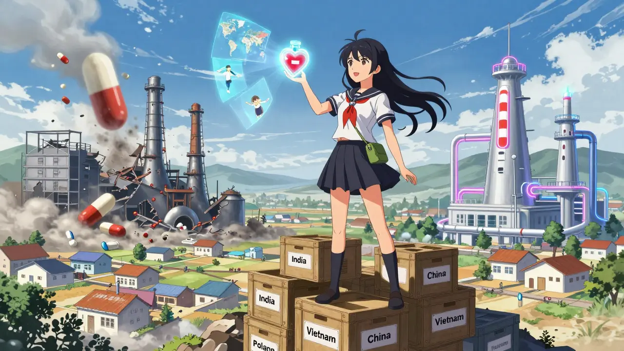 A heroine stands atop global pharmaceutical crates, projecting holograms of patients as new biosimilar towers rise.