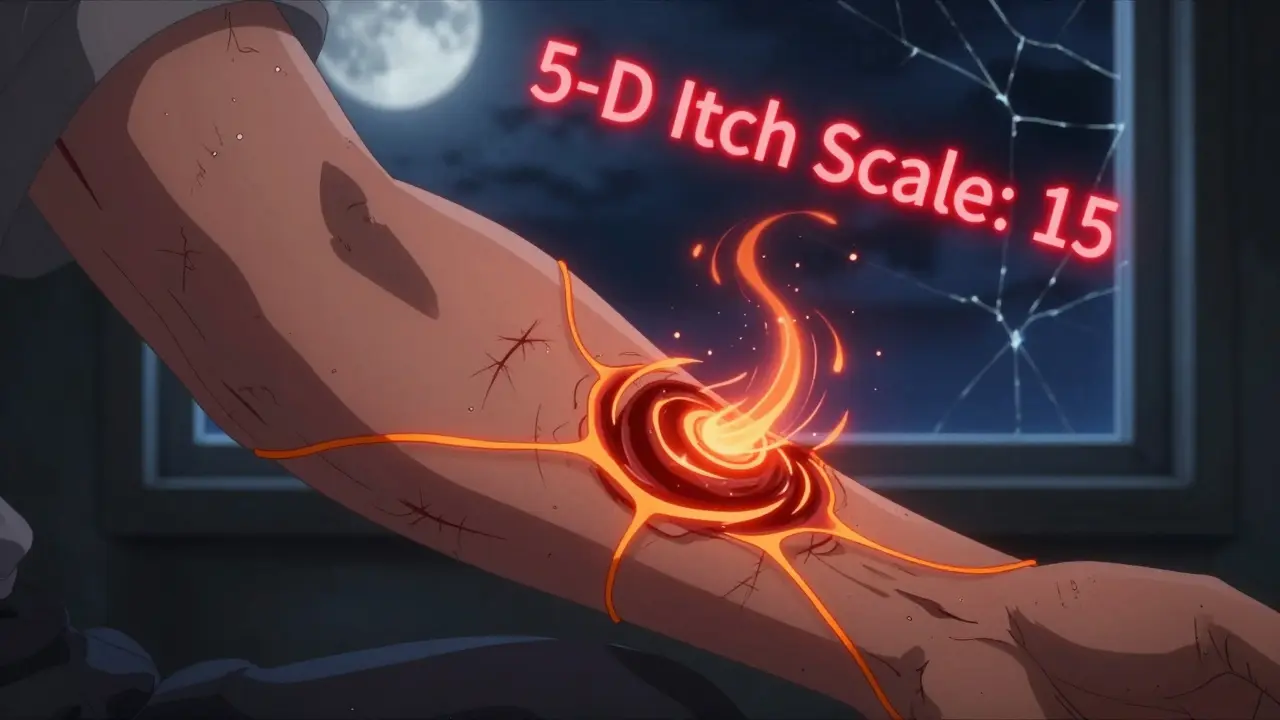 A patient's scratched arm glows with pulsing nerve lines as invisible itch toxins rise into the air, the 5-D Itch Scale at 15.