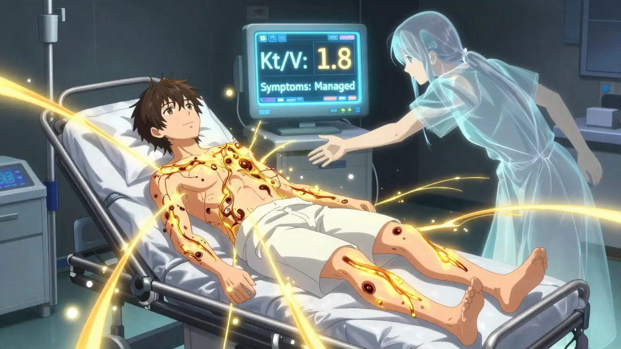 A patient enters a glowing dialysis chamber as dark toxins are pulled from their body, a faded image of their healthy self reaches out.