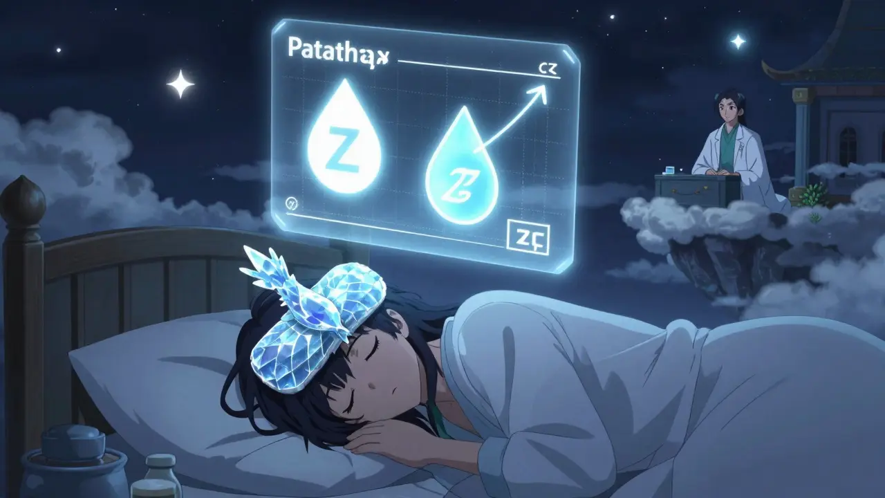 A person sleeping with a cold compress shaped like a phoenix over their eyes, while glowing medication symbols float above and pollen turns to stars.