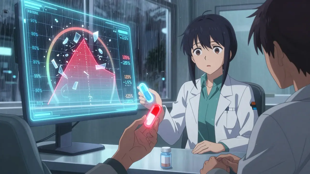 A pharmacist handing two pills—one stable, one unstable—to a patient, with a shattered bioequivalence chart in the background.