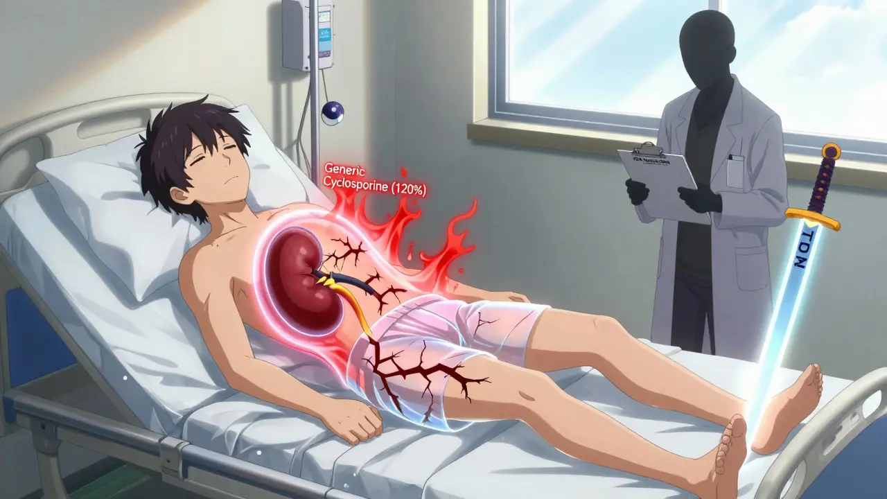 A transplant patient's kidney cracking as a dangerous generic drug surge enters their body, with a rising tool for therapeutic monitoring in the background.