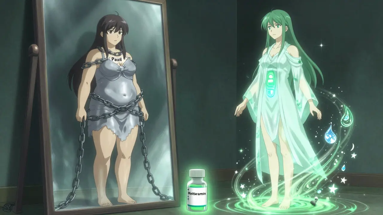 A woman before a mirror showing two versions of herself, with metformin vial emitting green light, symbolizing weight loss.