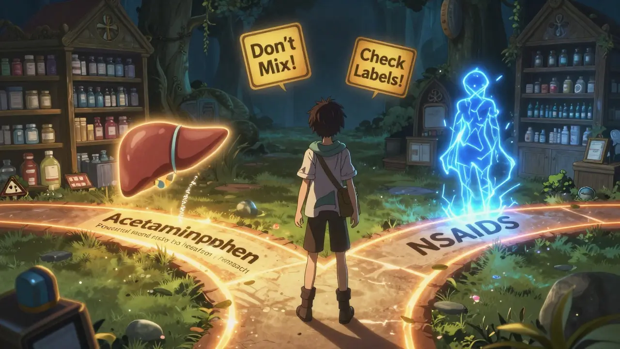 An adventurer choosing between acetaminophen and NSAID paths in a mystical pharmacy realm.
