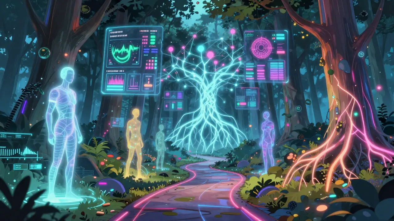 Futuristic data forest with neural network roots and holographic projections visualizing generic drug outcomes.
