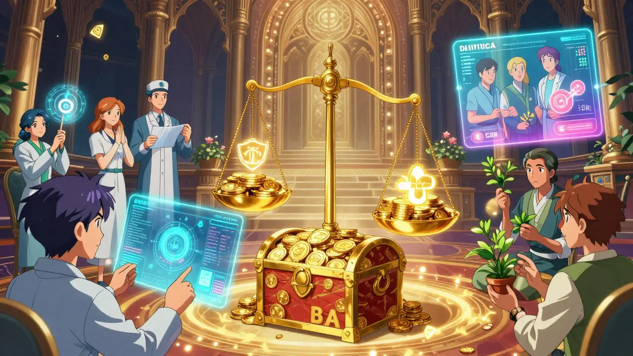 Healers analyzing holographic data streams showing cost-effectiveness, budget impact, and patient adherence in magical council chamber.
