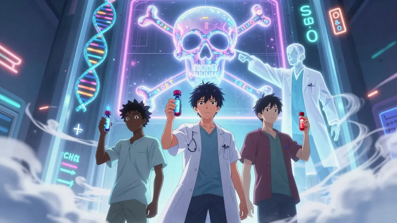 Three patients from high-risk backgrounds holding glowing blood vials in a medical portal, with a DNA-shaped warning sign.