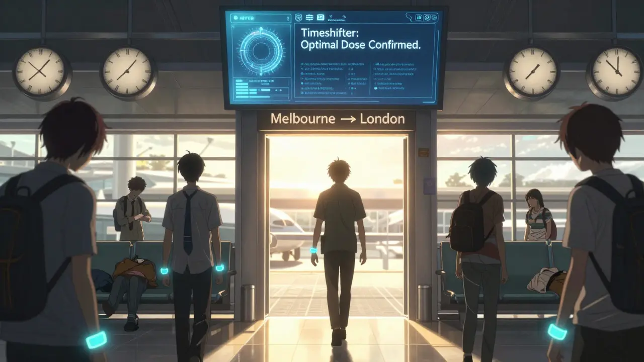 Travelers at a futuristic airport with glowing wristbands projecting personalized circadian schedules under golden sunlight.