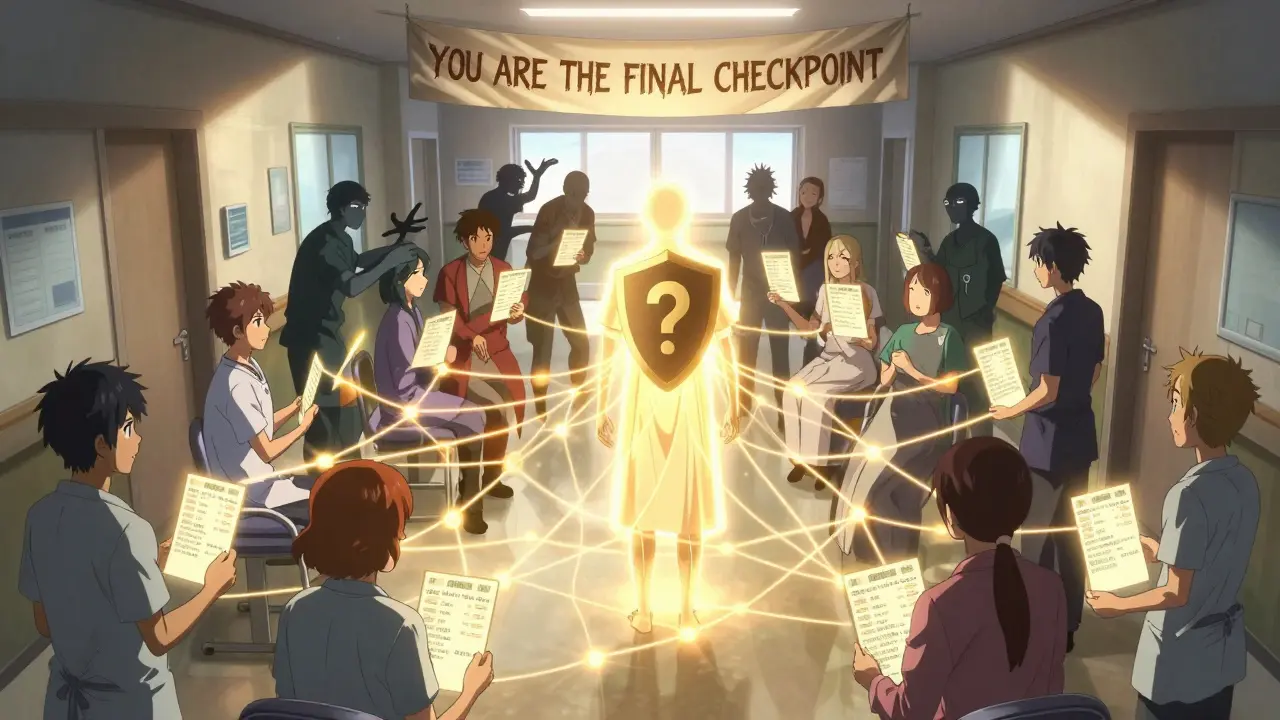 A group of patients linked by glowing lists, united by a central figure symbolizing patient vigilance in healthcare.