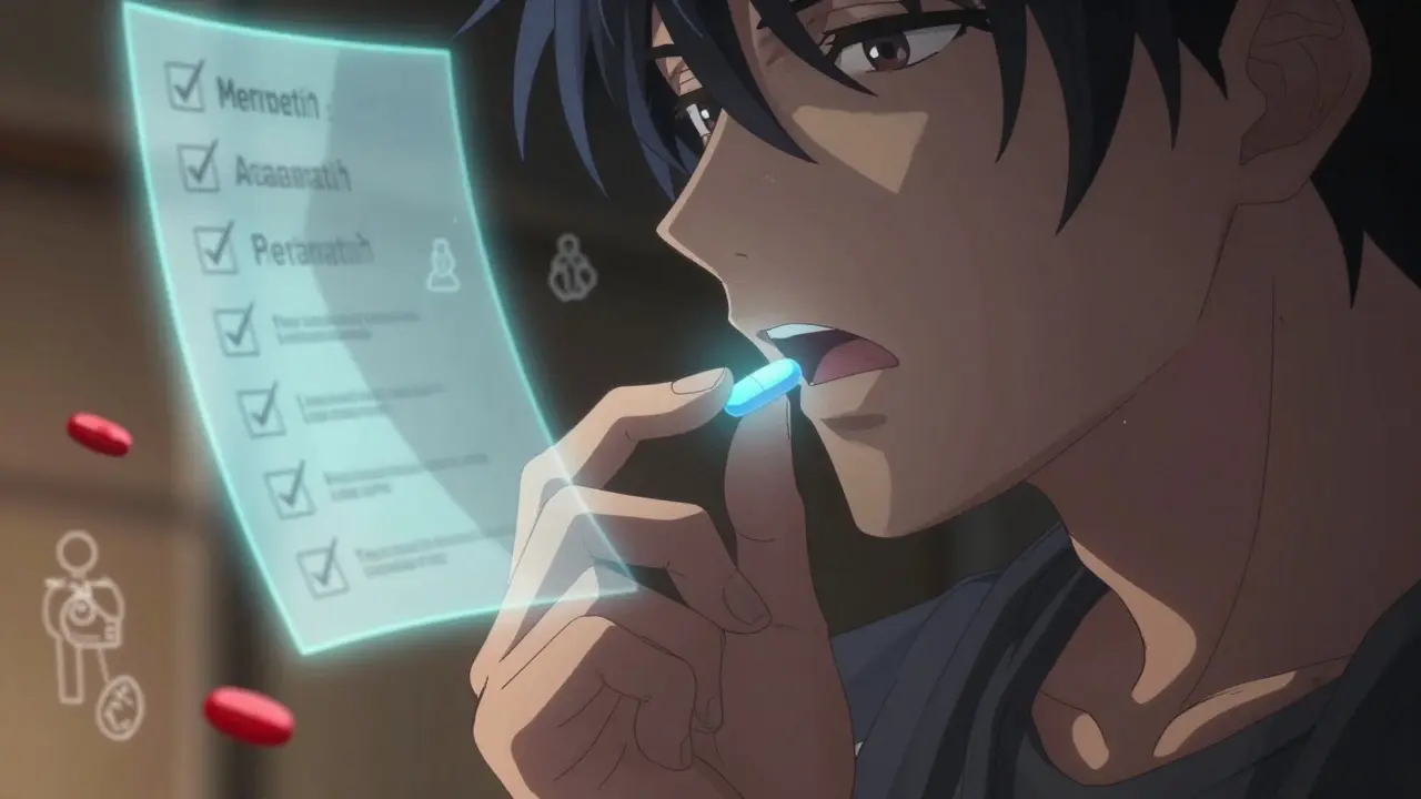 A man pauses before swallowing a pill, with translucent safety warnings and a floating checklist guiding his decision.