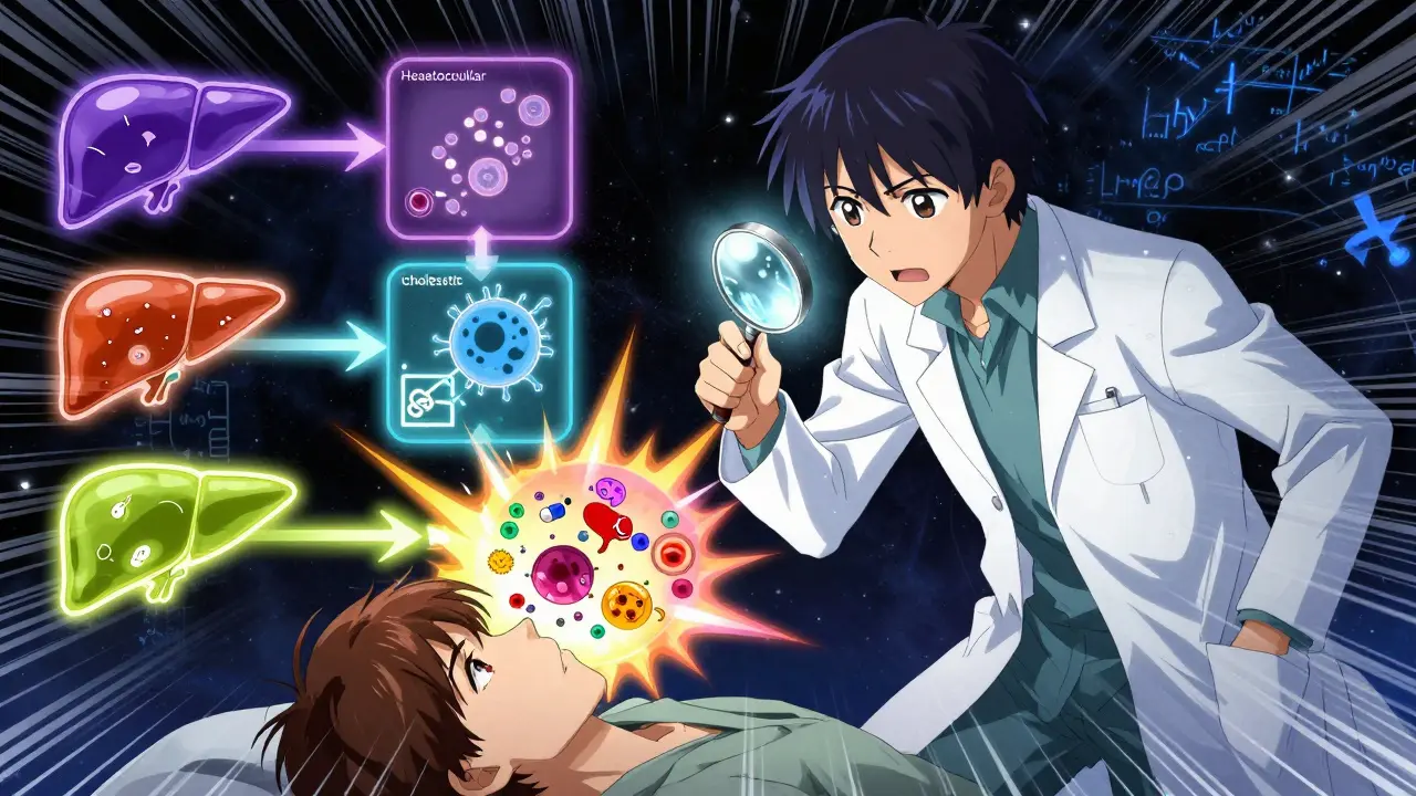 A medical detective examining a blood sample with glowing pathways showing liver injury types in anime style.